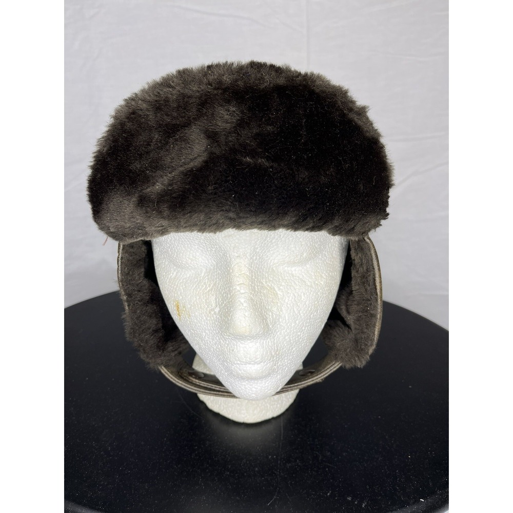 Black Genuine Trooper Faux Fur Flap Expanded Vinyl Men's Medium Hat Made In USA